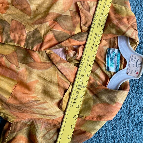 1950s short sleeve belted waist hidden button front orange brown pattern dress - Picture 14 of 16